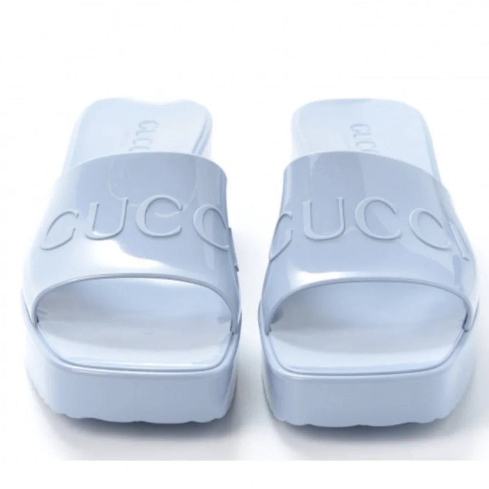 GUCCI RUBBER MULES IN LIGHT BLUE WITH BLOCK HEEL AND LOGO ON VAMP SIZE EU 38 - Picture 1 of 7